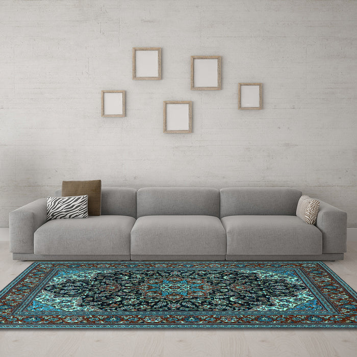 Machine Washable Medallion Light Blue Traditional Rug in a Living Room, wshtr1718lblu