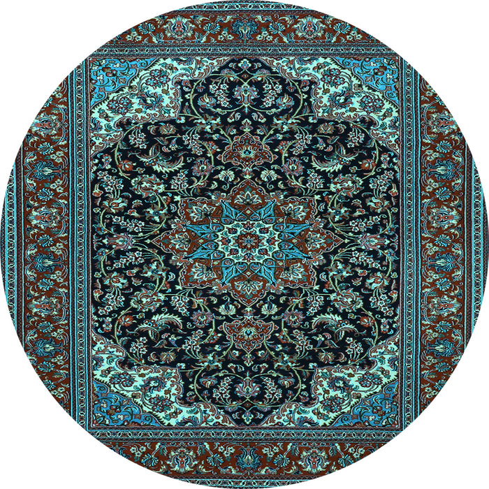 Round Machine Washable Medallion Light Blue Traditional Rug, wshtr1718lblu
