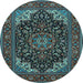 Round Machine Washable Medallion Light Blue Traditional Rug, wshtr1718lblu