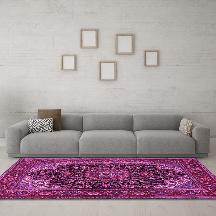 Machine Washable Medallion Pink Traditional Rug in a Living Room, wshtr1718pnk