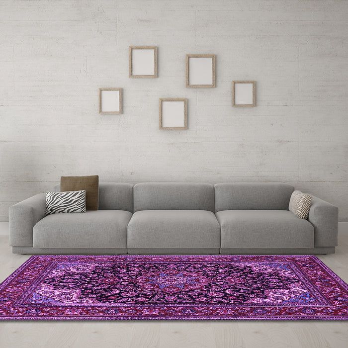 Machine Washable Medallion Purple Traditional Area Rugs in a Living Room, wshtr1718pur