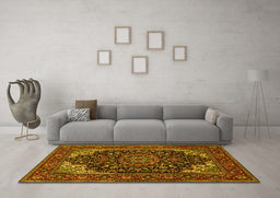 Machine Washable Medallion Yellow Traditional Rug in a Living Room, wshtr1718yw