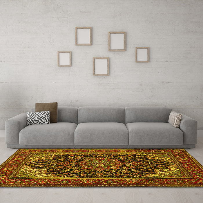Machine Washable Medallion Yellow Traditional Rug in a Living Room, wshtr1718yw