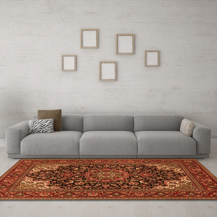 Machine Washable Medallion Orange Traditional Area Rugs in a Living Room, wshtr1718org