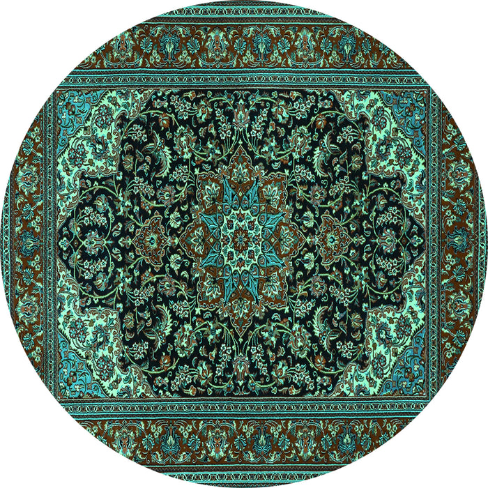 Round Machine Washable Medallion Turquoise Traditional Area Rugs, wshtr1718turq