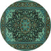 Round Machine Washable Medallion Turquoise Traditional Area Rugs, wshtr1718turq