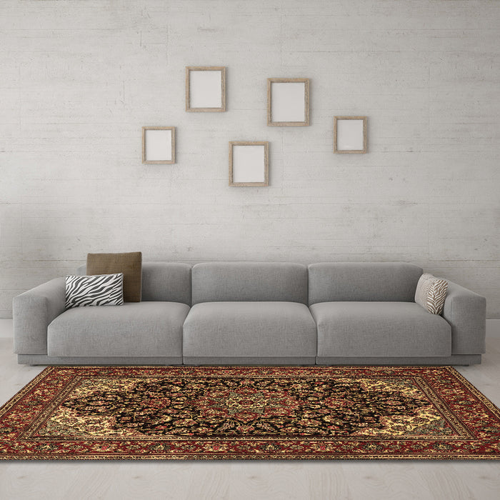 Machine Washable Medallion Brown Traditional Rug in a Living Room,, wshtr1718brn