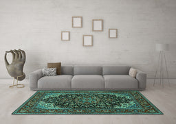Machine Washable Medallion Turquoise Traditional Area Rugs in a Living Room,, wshtr1718turq