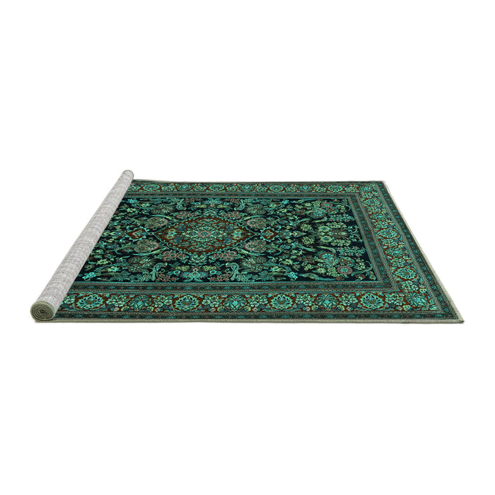 Sideview of Machine Washable Medallion Turquoise Traditional Area Rugs, wshtr1719turq