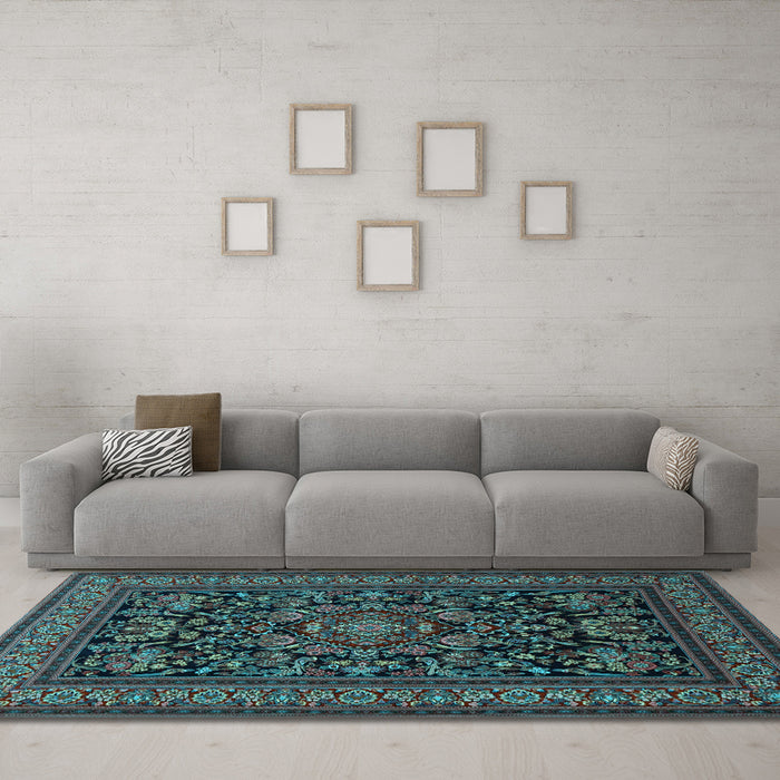 Machine Washable Medallion Light Blue Traditional Rug in a Living Room, wshtr1719lblu