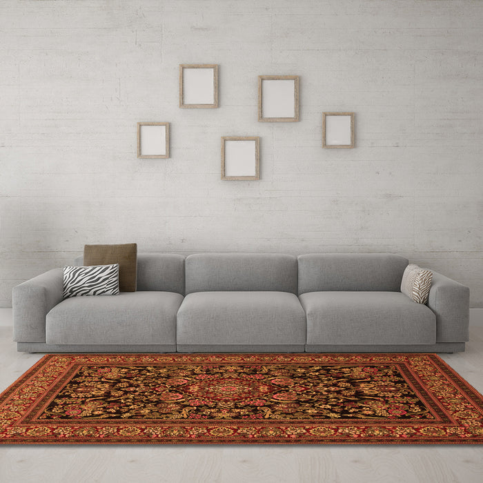 Machine Washable Medallion Orange Traditional Area Rugs in a Living Room, wshtr1719org