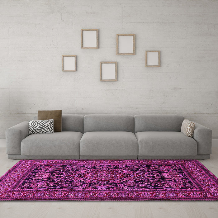 Machine Washable Medallion Pink Traditional Rug in a Living Room, wshtr1719pnk