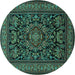 Round Machine Washable Medallion Turquoise Traditional Area Rugs, wshtr1719turq