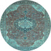 Round Machine Washable Medallion Light Blue Traditional Rug, wshtr171lblu