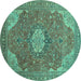 Round Machine Washable Medallion Turquoise Traditional Area Rugs, wshtr171turq