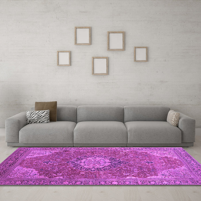 Machine Washable Medallion Purple Traditional Area Rugs in a Living Room, wshtr171pur