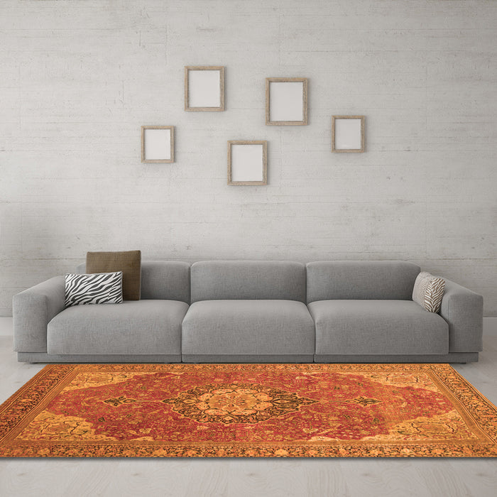 Machine Washable Medallion Orange Traditional Area Rugs in a Living Room, wshtr171org