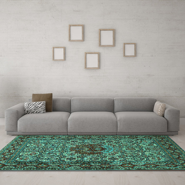 Machine Washable Persian Turquoise Traditional Area Rugs in a Living Room,, wshtr1720turq