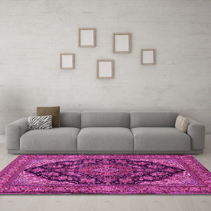 Machine Washable Medallion Pink Traditional Rug in a Living Room, wshtr1721pnk