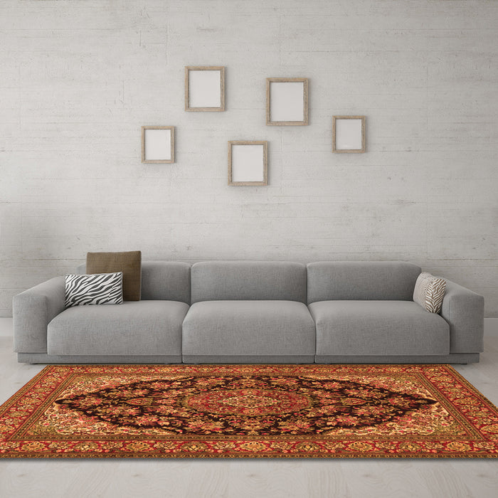 Machine Washable Medallion Orange Traditional Area Rugs in a Living Room, wshtr1721org