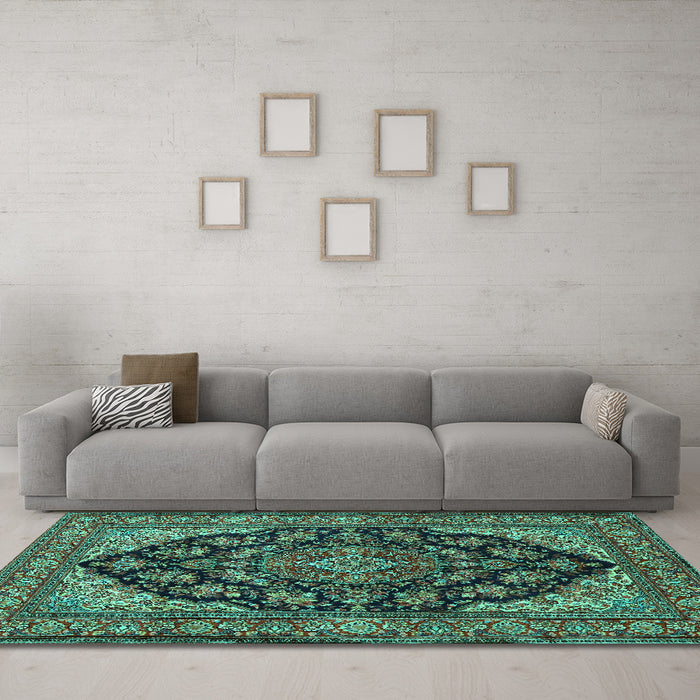 Machine Washable Medallion Turquoise Traditional Area Rugs in a Living Room,, wshtr1721turq