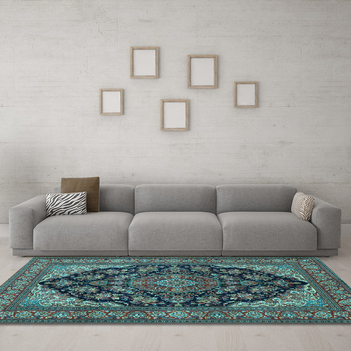 Machine Washable Medallion Light Blue Traditional Rug in a Living Room, wshtr1721lblu