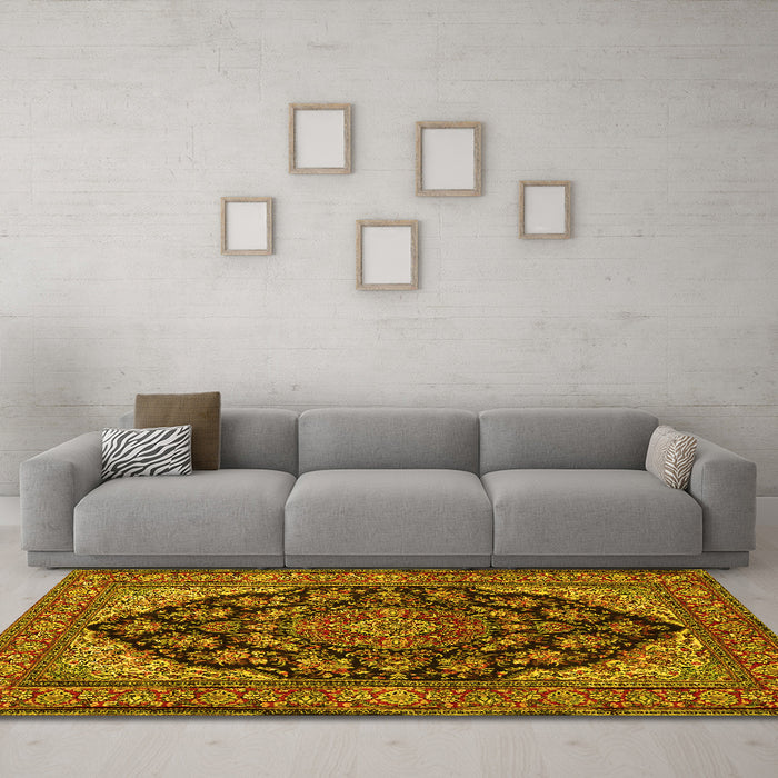 Machine Washable Medallion Yellow Traditional Rug in a Living Room, wshtr1721yw