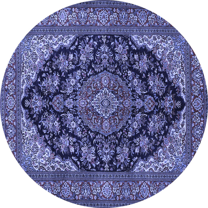 Round Machine Washable Medallion Blue Traditional Rug, wshtr1721blu