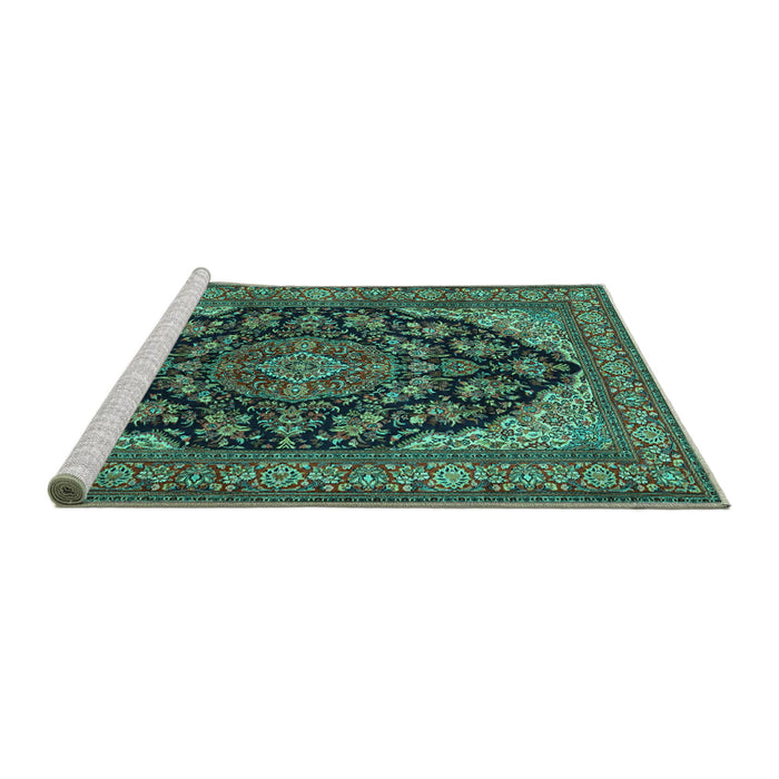 Sideview of Machine Washable Medallion Turquoise Traditional Area Rugs, wshtr1721turq