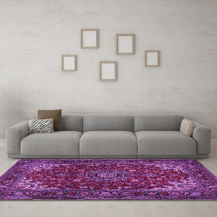 Machine Washable Medallion Purple Traditional Area Rugs in a Living Room, wshtr1722pur