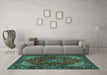 Machine Washable Medallion Turquoise Traditional Area Rugs in a Living Room,, wshtr1722turq