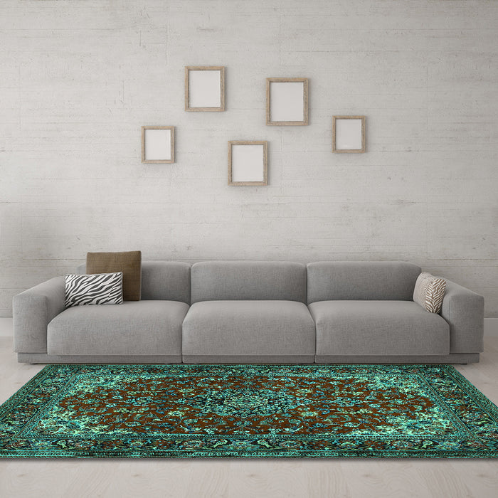 Machine Washable Medallion Turquoise Traditional Area Rugs in a Living Room,, wshtr1722turq