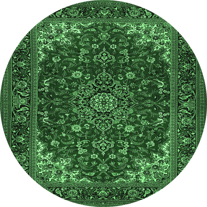 Round Machine Washable Medallion Emerald Green Traditional Area Rugs, wshtr1722emgrn