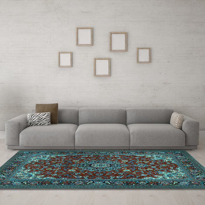 Machine Washable Medallion Light Blue Traditional Rug in a Living Room, wshtr1722lblu