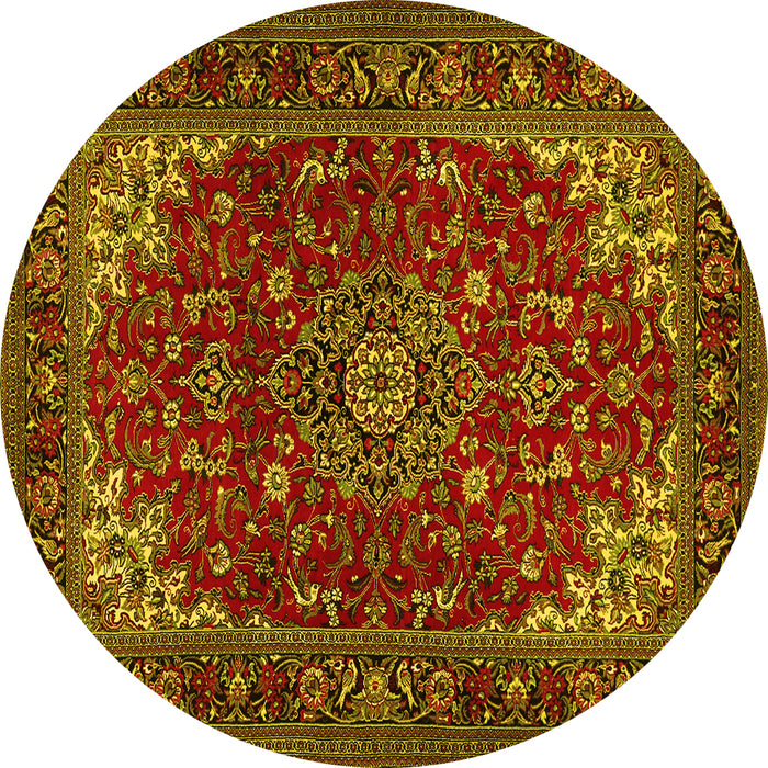 Round Machine Washable Medallion Yellow Traditional Rug, wshtr1722yw
