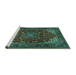 Sideview of Machine Washable Medallion Turquoise Traditional Area Rugs, wshtr1722turq