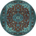 Round Machine Washable Medallion Light Blue Traditional Rug, wshtr1722lblu