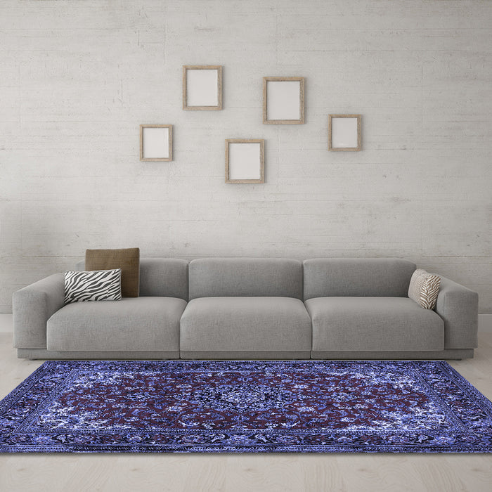 Machine Washable Medallion Blue Traditional Rug in a Living Room, wshtr1722blu