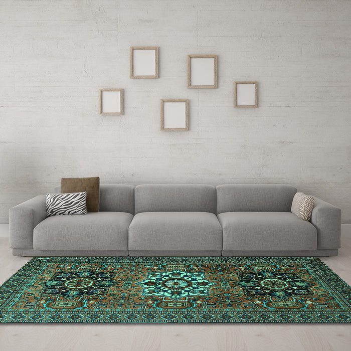 Machine Washable Persian Turquoise Traditional Area Rugs in a Living Room,, wshtr1723turq