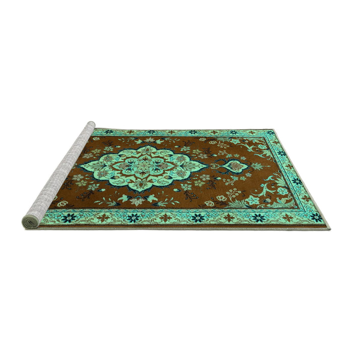 Sideview of Machine Washable Persian Turquoise Traditional Area Rugs, wshtr1725turq