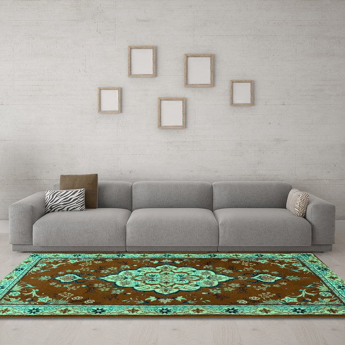 Machine Washable Persian Turquoise Traditional Area Rugs in a Living Room,, wshtr1725turq