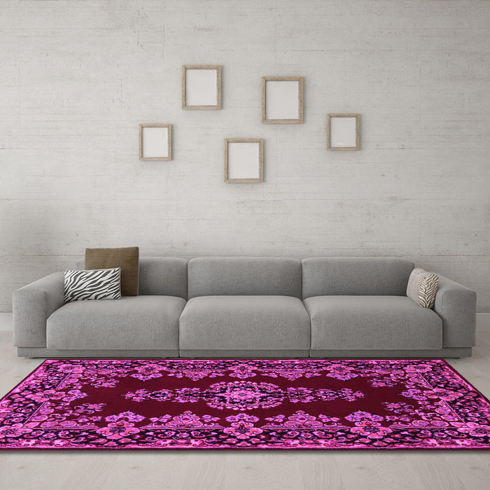 Machine Washable Medallion Pink Traditional Rug in a Living Room, wshtr1727pnk