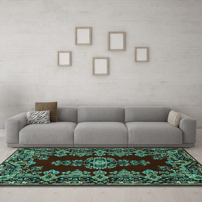 Machine Washable Medallion Turquoise Traditional Area Rugs in a Living Room,, wshtr1727turq