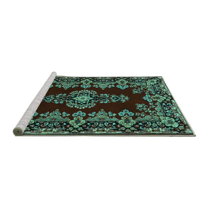 Sideview of Machine Washable Medallion Turquoise Traditional Area Rugs, wshtr1727turq
