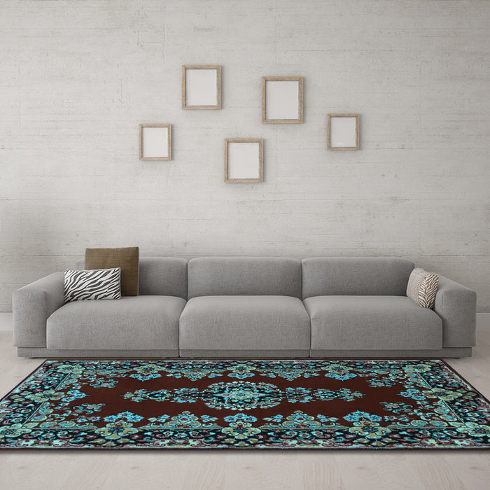 Machine Washable Medallion Light Blue Traditional Rug in a Living Room, wshtr1727lblu