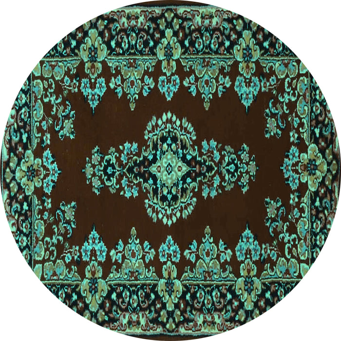 Round Machine Washable Medallion Turquoise Traditional Area Rugs, wshtr1727turq