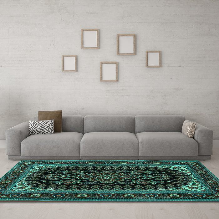 Machine Washable Persian Turquoise Traditional Area Rugs in a Living Room,, wshtr1728turq