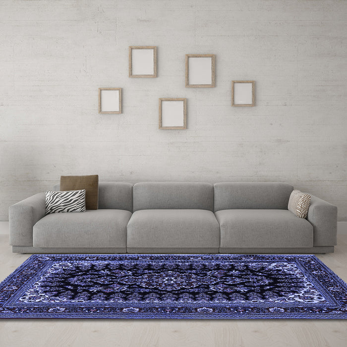 Machine Washable Persian Blue Traditional Rug in a Living Room, wshtr1728blu