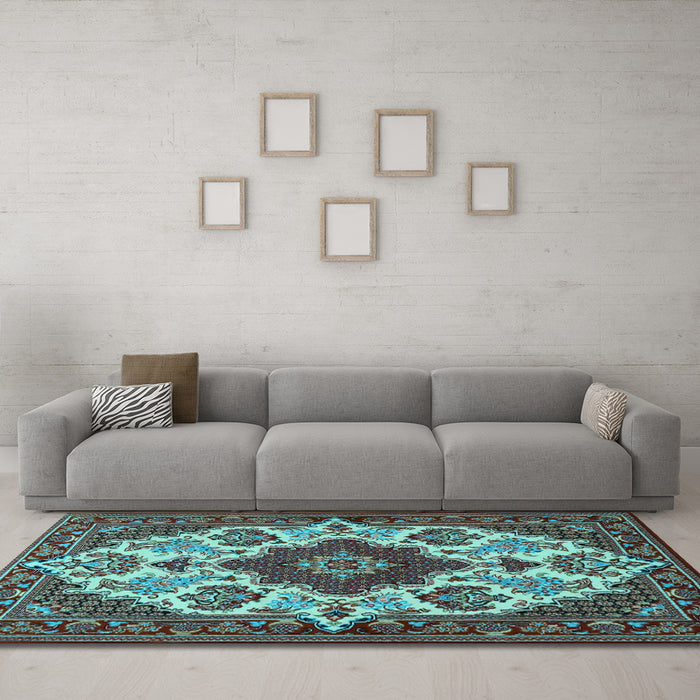 Machine Washable Medallion Light Blue Traditional Rug in a Living Room, wshtr1729lblu