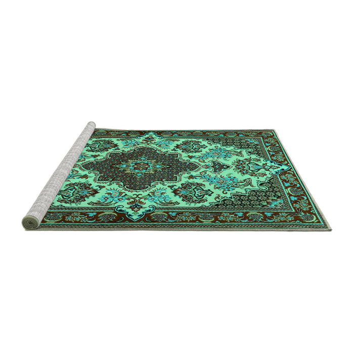Sideview of Machine Washable Medallion Turquoise Traditional Area Rugs, wshtr1729turq